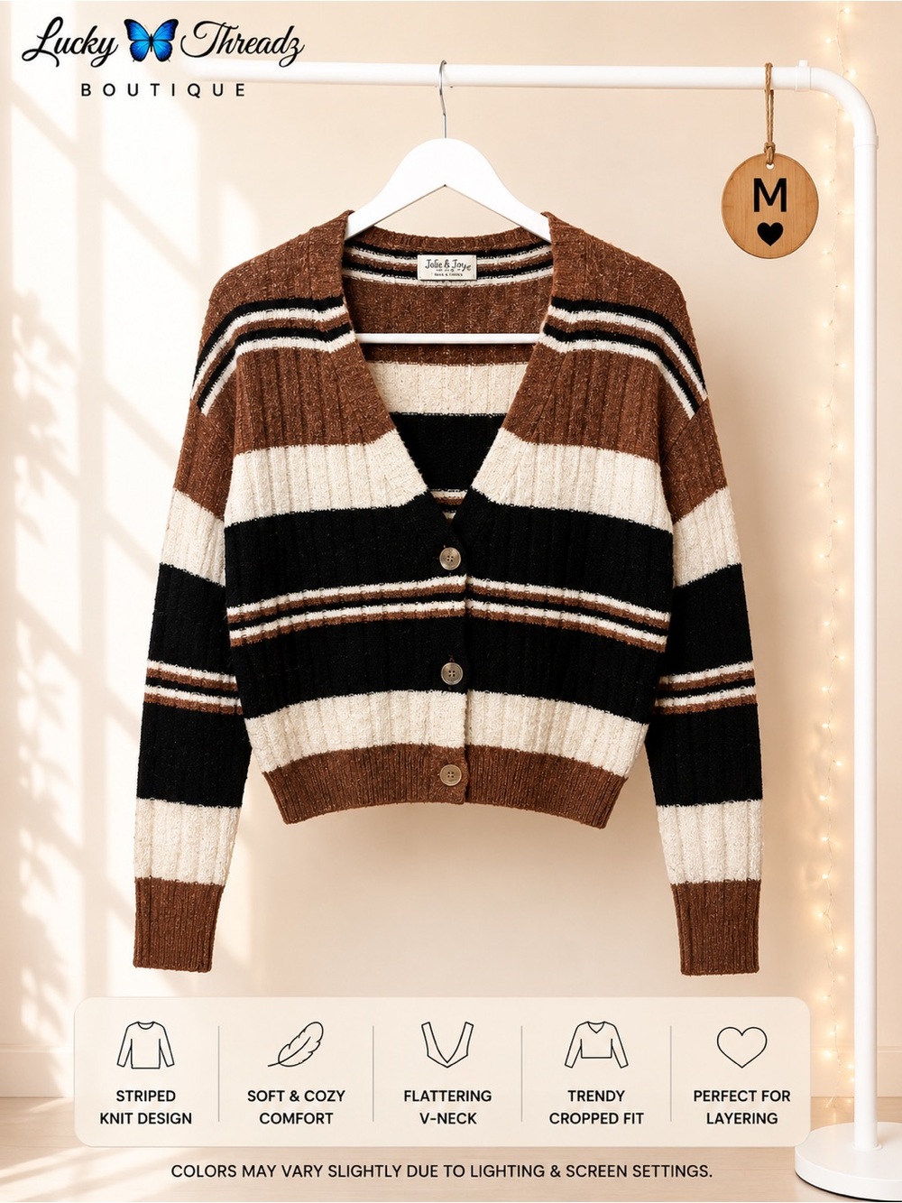 Jolie & Joy Striped Knit Cardigan Sweater Brown White Black Cropped V-Neck Med